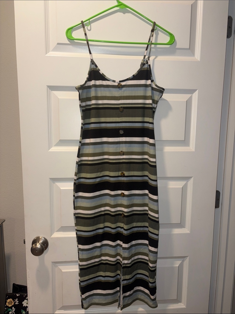Striped Button-Front Spaghetti Strap Dress - Olive/Black